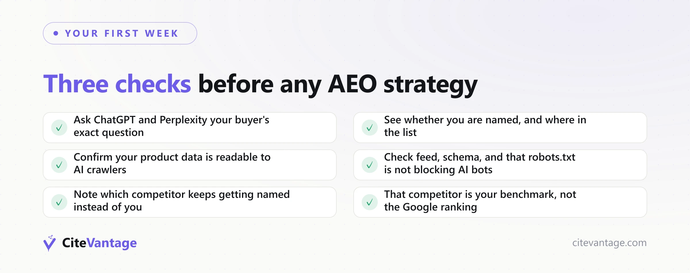 Three first-week AEO in product searching checks: ask the buyer's exact question, confirm your product data is readable to AI crawlers, and note which competitor gets named instead of you