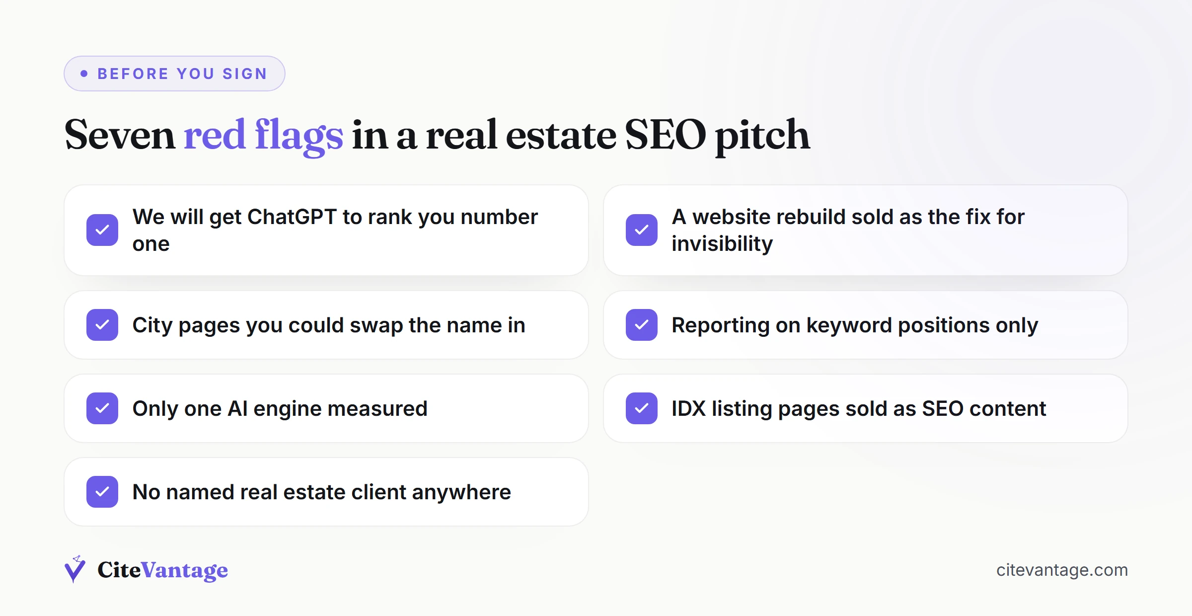 Checklist of seven red flags in a real estate SEO pitch, including promises to rank you number one in ChatGPT, a website rebuild sold as the fix for invisibility, and swappable city pages