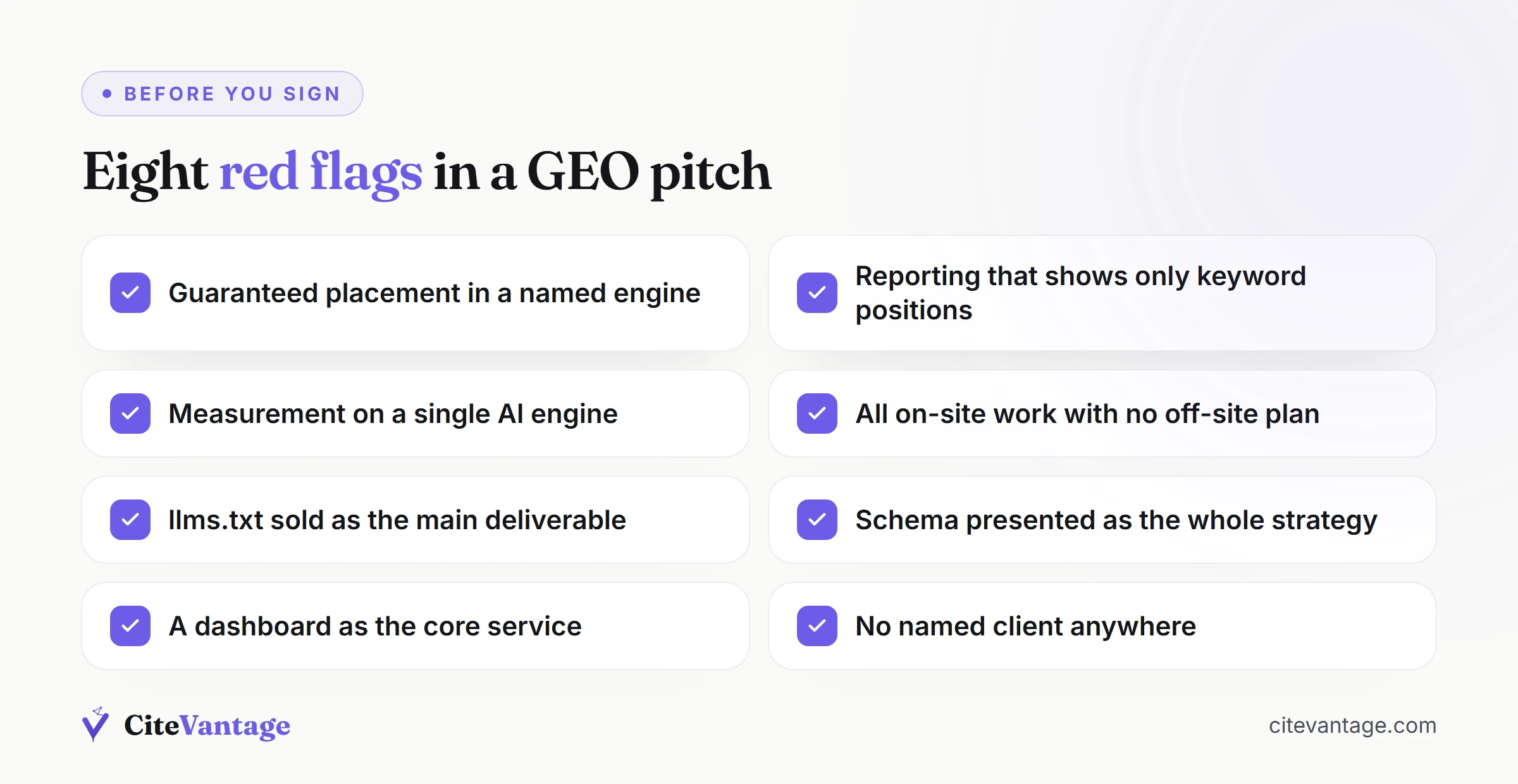 Checklist of eight red flags in a GEO agency pitch, including guaranteed placement in a named engine, keyword-only reporting, single-engine measurement and llms.txt sold as the main deliverable