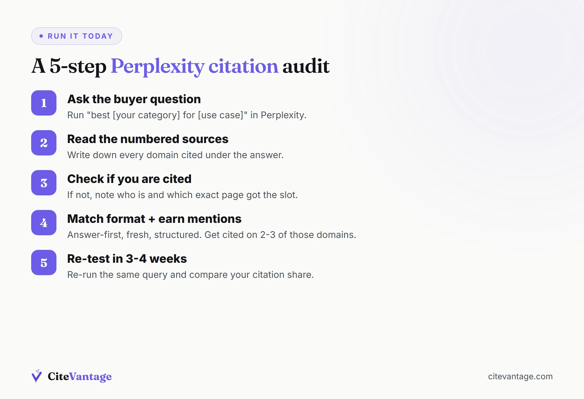 Five-step Perplexity citation audit workflow from running a query to re-testing in four weeks