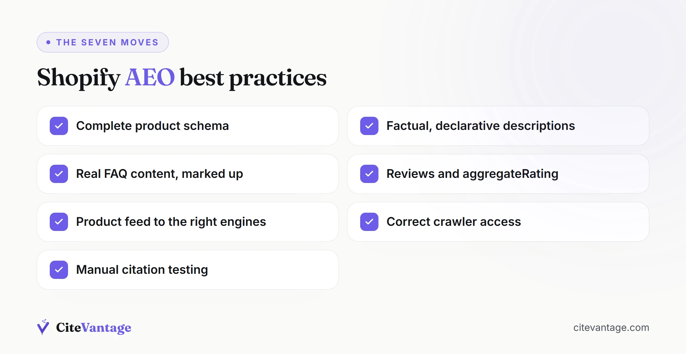 The 7 Shopify answer engine optimization AEO best practices checklist: complete product schema, factual descriptions, real FAQ content, reviews and aggregateRating, product feed, correct crawler access, and manual citation testing