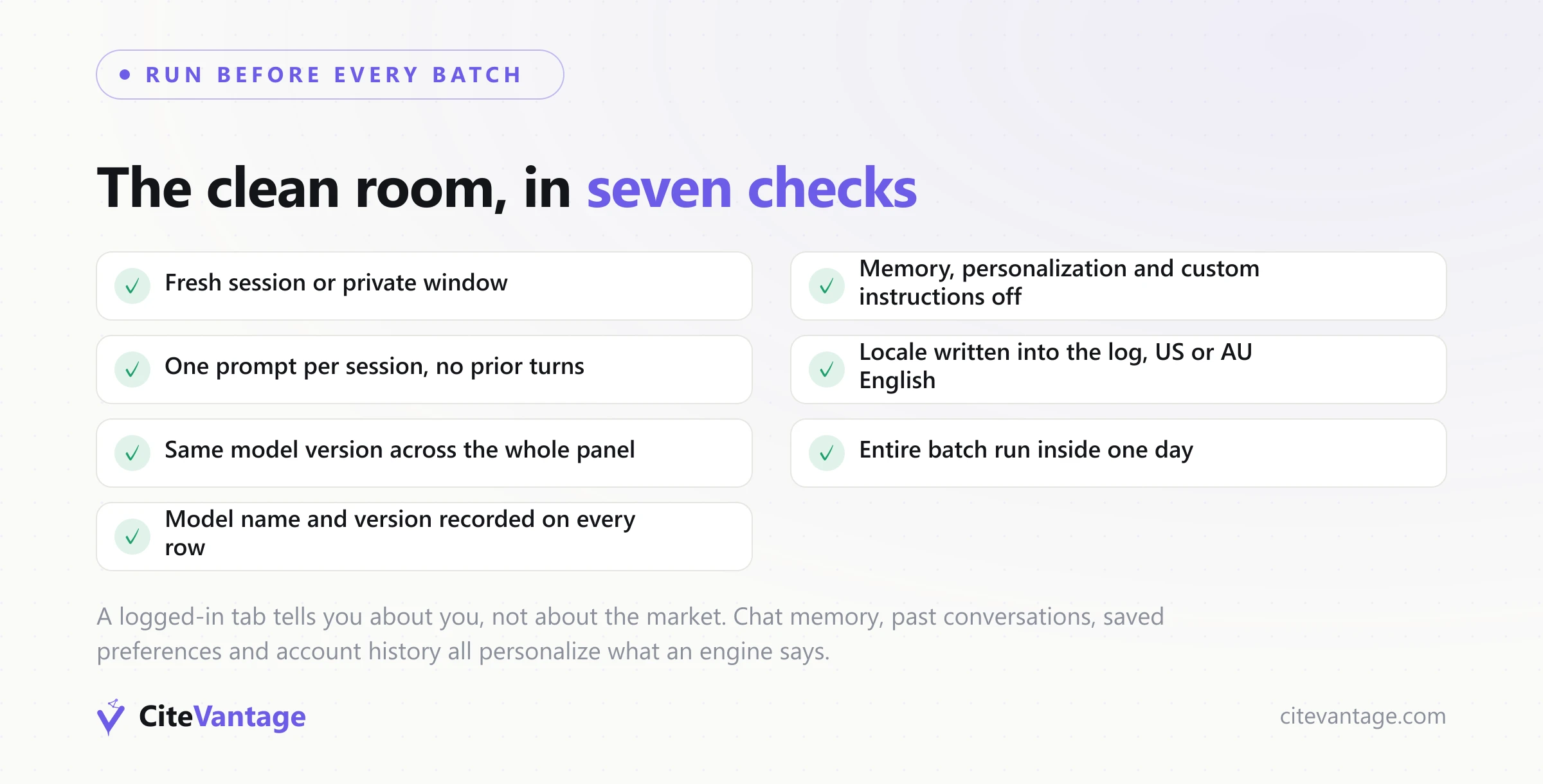 Clean-room checklist to run before every AI search tracking batch: fresh session or private window, memory and personalization off, one prompt per session with no prior turns, locale written into the log, same model version across the whole panel, entire batch inside one day, model name and version recorded on every row
