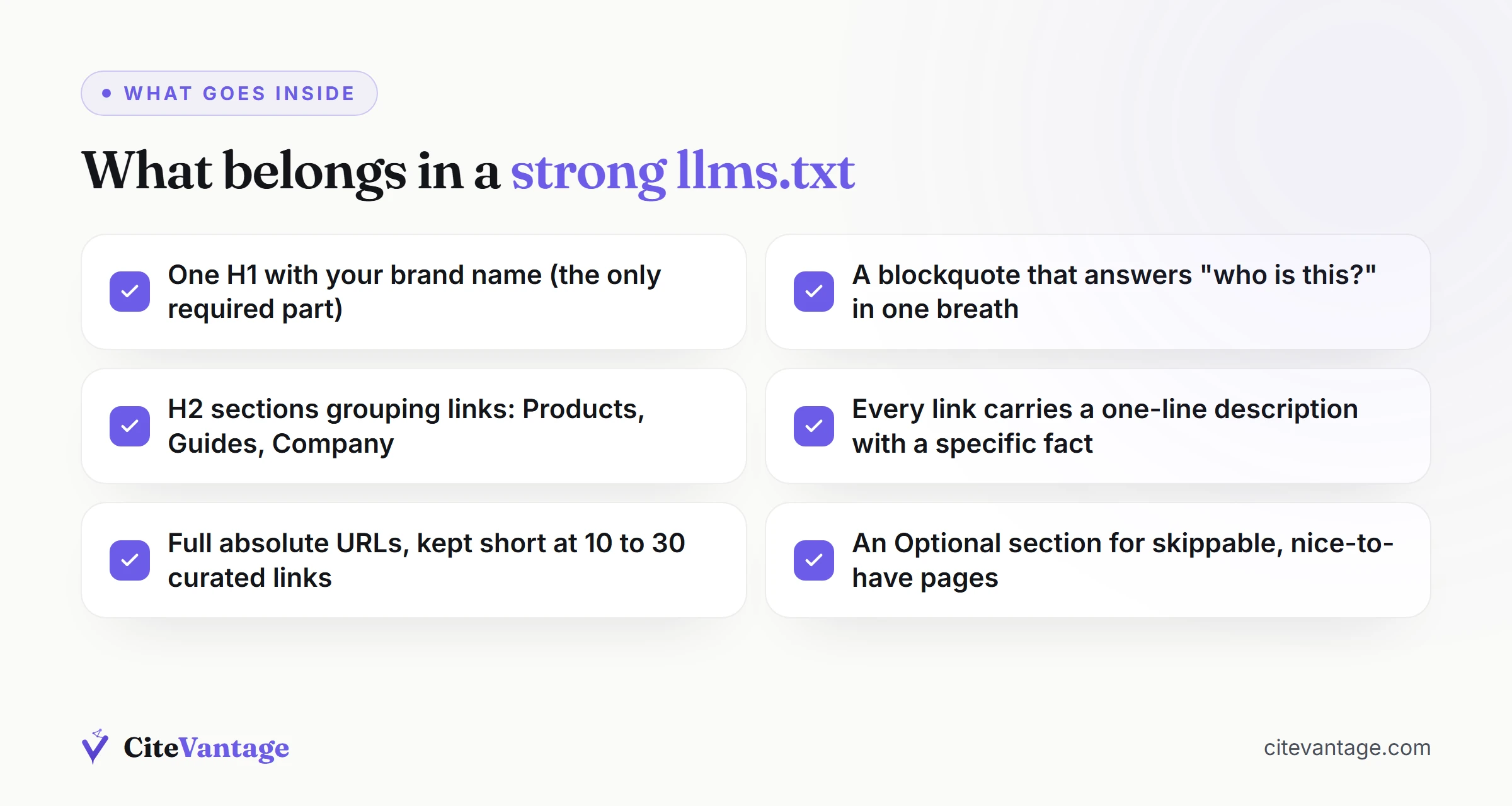 Checklist of what belongs in a well-built llms.txt file