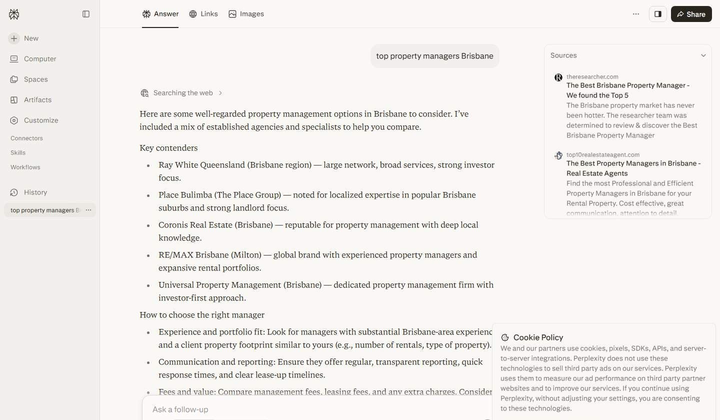 Perplexity answer to top property managers Brisbane naming five firms, with a Sources panel listing third-party listicle domains