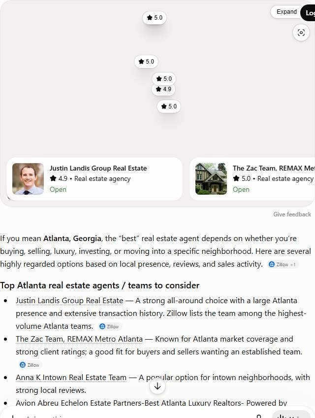 ChatGPT answer to "best real estate agent in Atlanta" naming six Atlanta teams including Justin Landis Group and Anna K Intown with star ratings