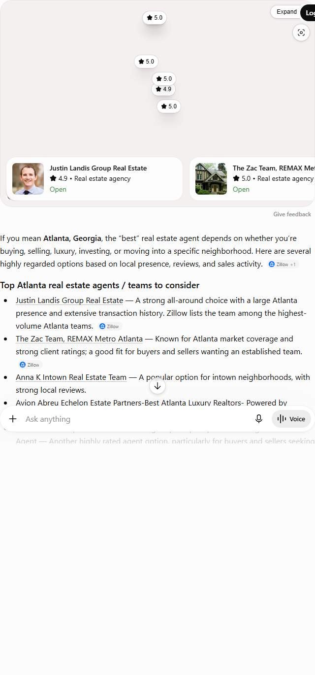 ChatGPT answer to "best real estate agent in Atlanta" naming six Atlanta teams including Justin Landis Group and Anna K Intown with star ratings