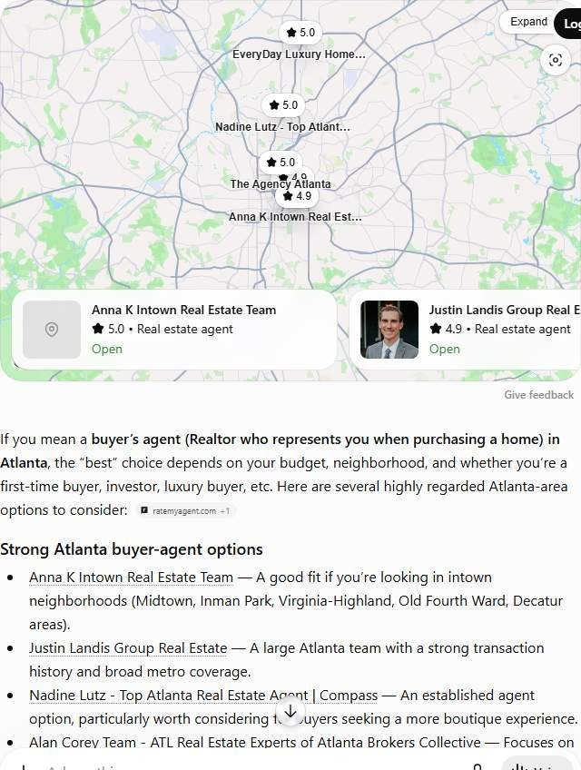 ChatGPT answer to "best buyers agent in Atlanta" listing Anna K Intown, Justin Landis Group, The Agency Atlanta and other Atlanta buyer agents