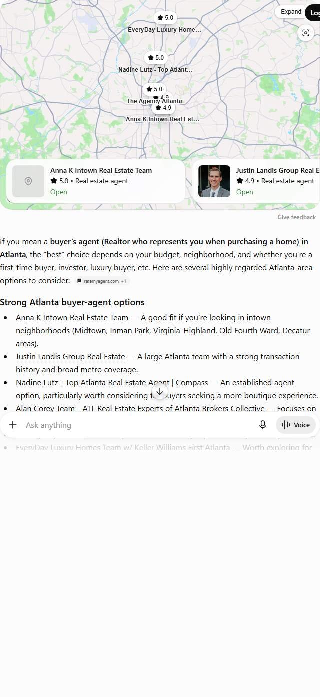 ChatGPT answer to "best buyers agent in Atlanta" listing Anna K Intown, Justin Landis Group, The Agency Atlanta and other Atlanta buyer agents