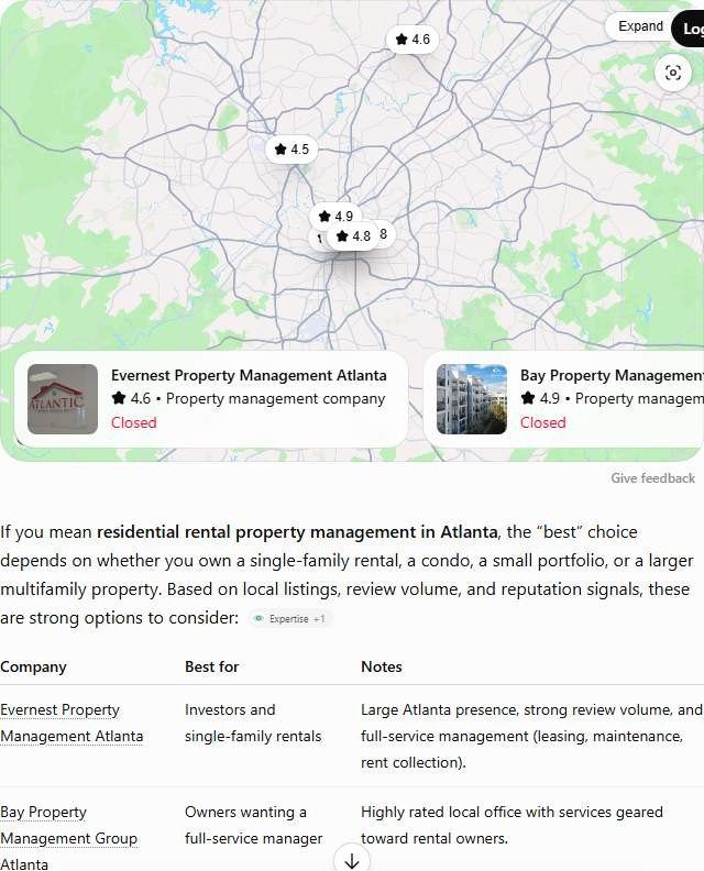 ChatGPT answer to "best property management company in Atlanta" comparing nine Atlanta property managers including Evernest in a table