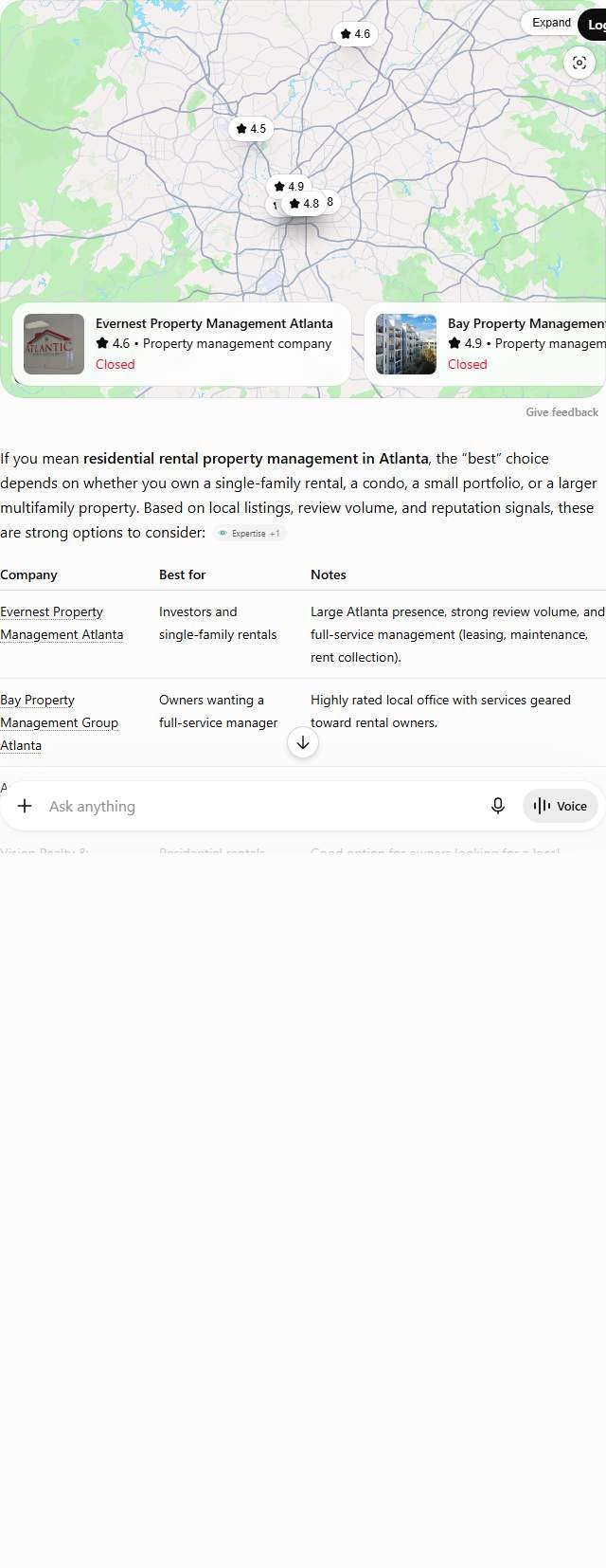 ChatGPT answer to "best property management company in Atlanta" comparing nine Atlanta property managers including Evernest in a table