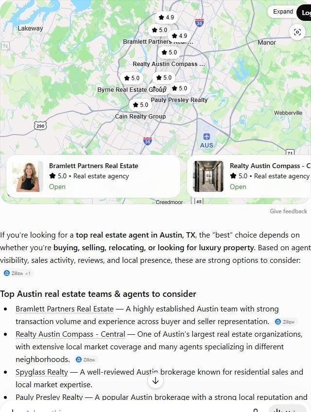 ChatGPT answer to "best real estate agent in Austin" naming nine brokerages including Bramlett Partners and Realty Austin Compass