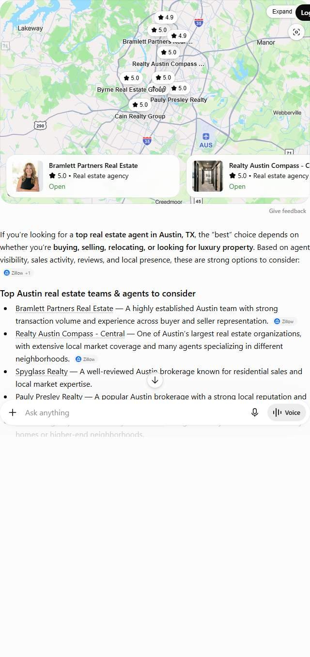ChatGPT answer to "best real estate agent in Austin" naming nine brokerages including Bramlett Partners and Realty Austin Compass