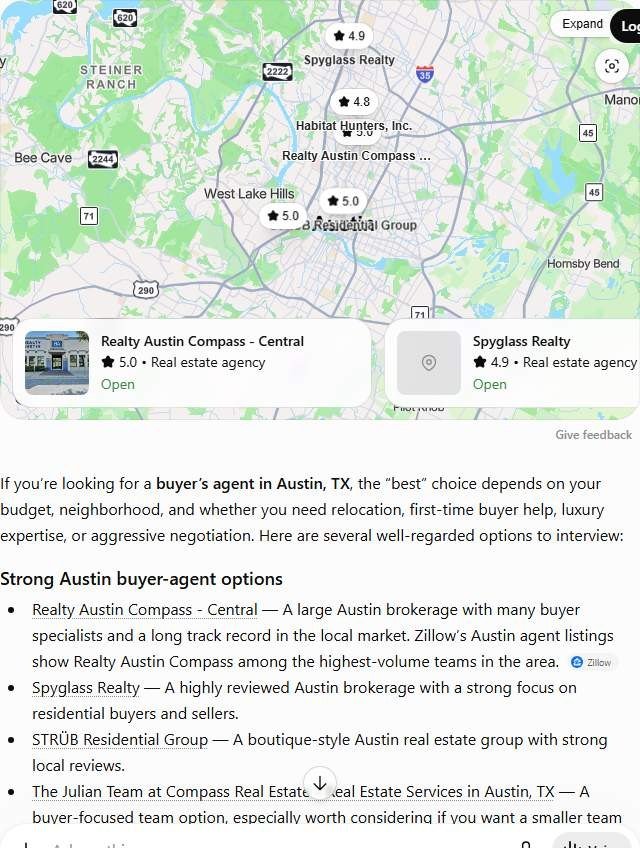 ChatGPT answer to "best buyers agent in Austin" listing Realty Austin Compass, Spyglass Realty and other Austin buyer agents