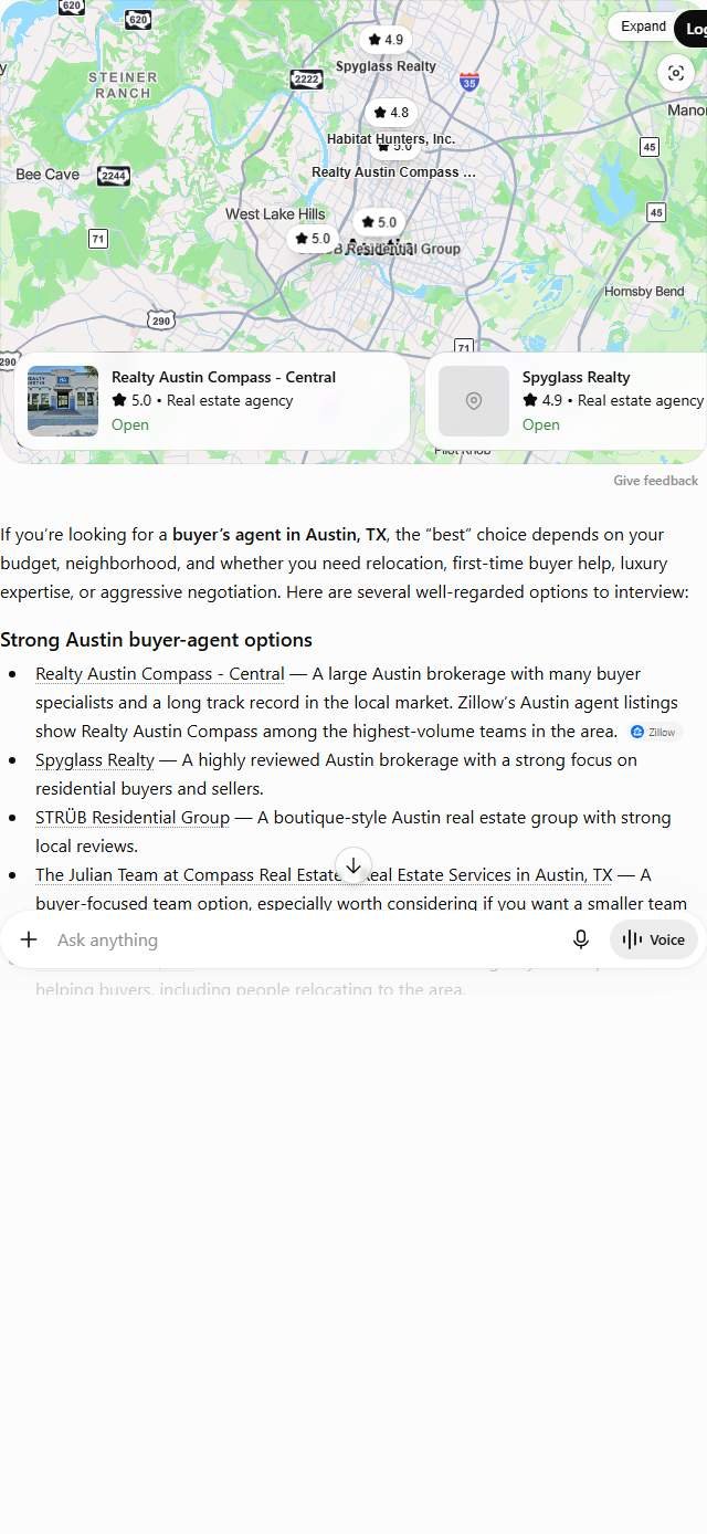 ChatGPT answer to "best buyers agent in Austin" listing Realty Austin Compass, Spyglass Realty and other Austin buyer agents