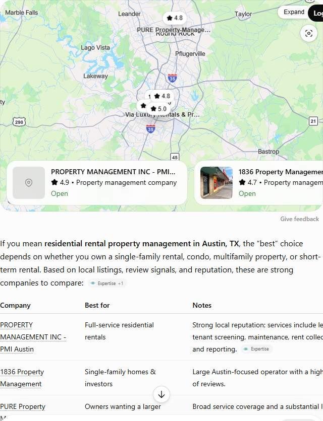 ChatGPT answer to "best property management company in Austin" comparing seven Austin property managers in a table