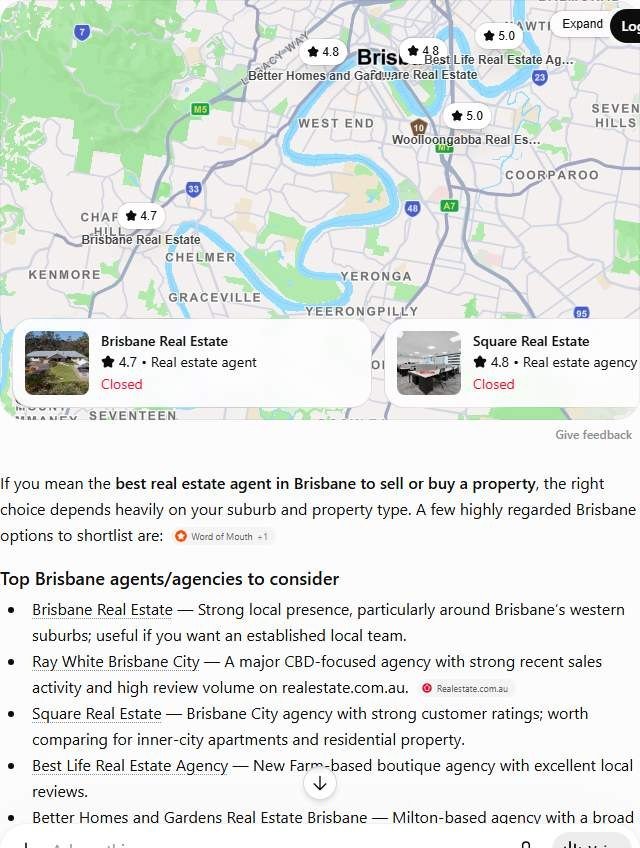 ChatGPT answer to "best real estate agent in Brisbane" naming six Brisbane agencies with their star ratings