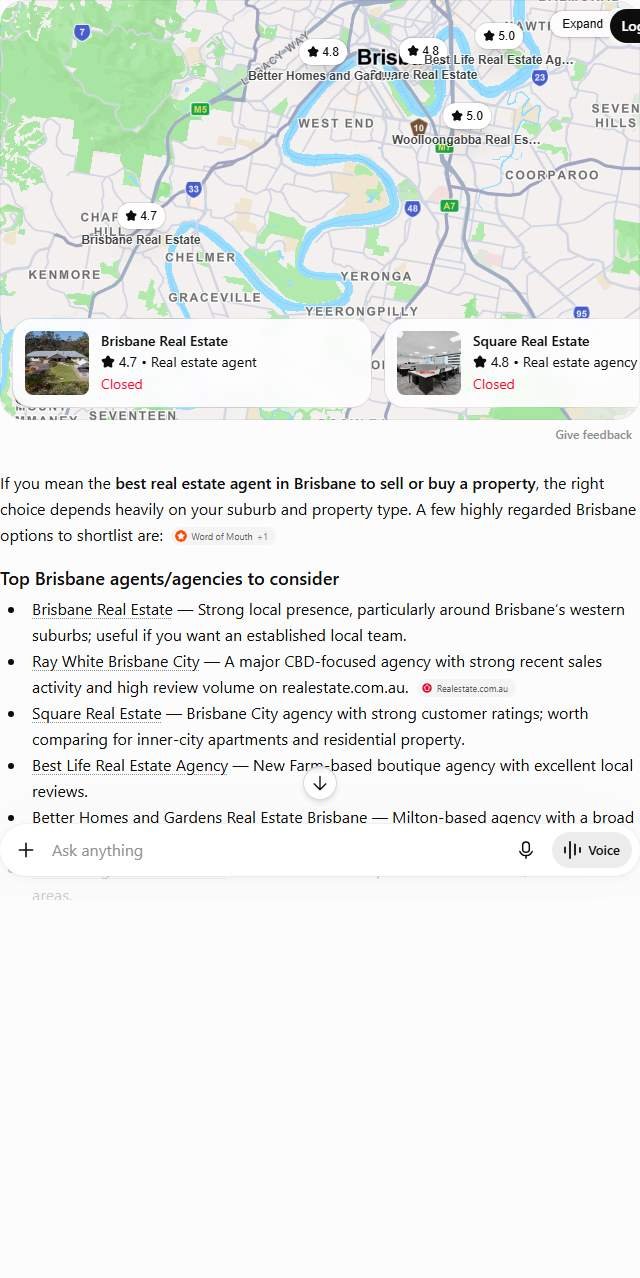 ChatGPT answer to "best real estate agent in Brisbane" naming six Brisbane agencies with their star ratings