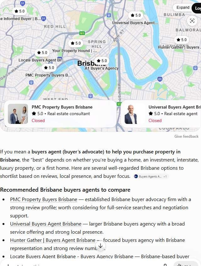 ChatGPT answer to "best buyers agent in Brisbane" listing seven Brisbane buyers agencies, all rated 5.0
