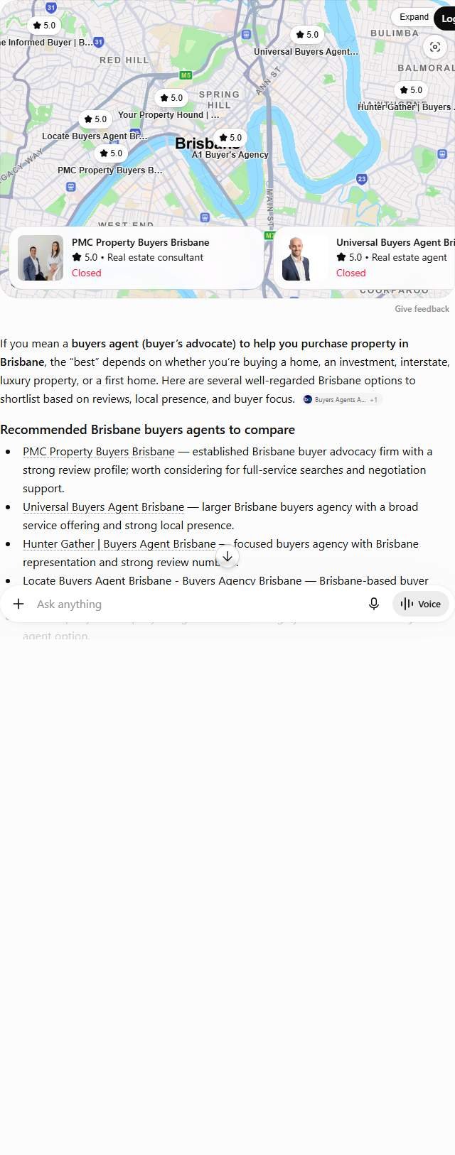 ChatGPT answer to "best buyers agent in Brisbane" listing seven Brisbane buyers agencies, all rated 5.0
