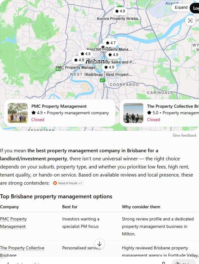 ChatGPT answer to "best property management company in Brisbane" with a comparison table of named companies