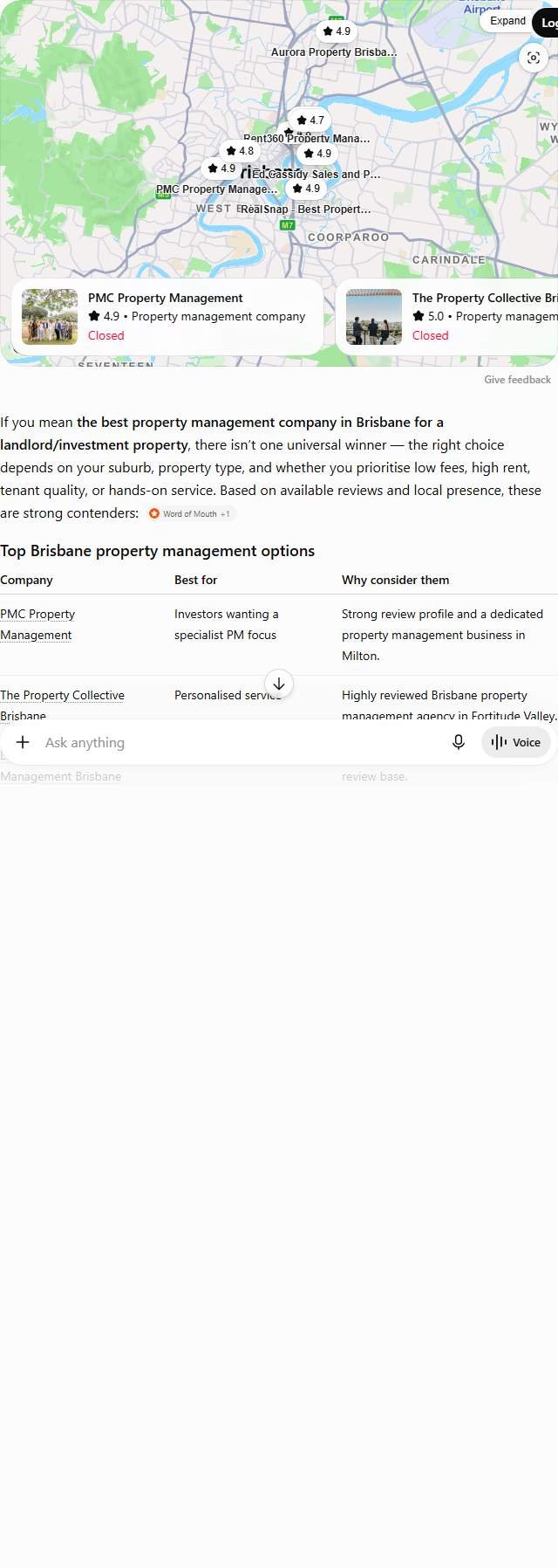 ChatGPT answer to "best property management company in Brisbane" with a comparison table of named companies