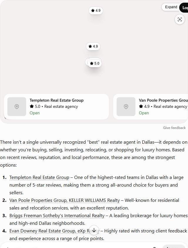 ChatGPT answer to "best real estate agent in Dallas" naming Templeton Real Estate Group, Van Poole Properties and Briggs Freeman Sotheby's with star ratings