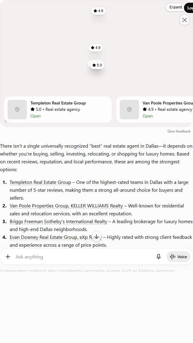 ChatGPT answer to "best real estate agent in Dallas" naming Templeton Real Estate Group, Van Poole Properties and Briggs Freeman Sotheby's with star ratings