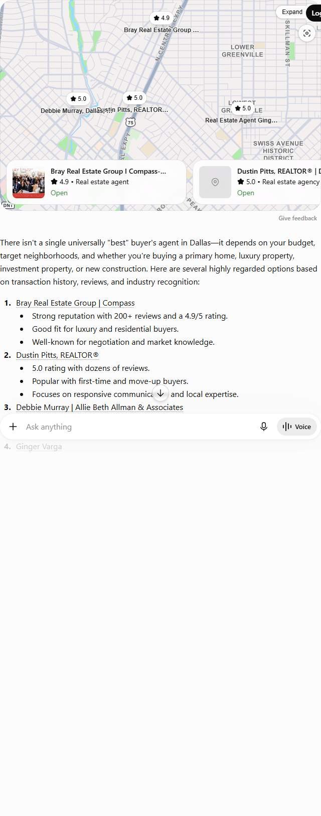 ChatGPT answer to "best buyers agent in Dallas" listing Bray Real Estate Group, Dustin Pitts, Debbie Murray and other Dallas buyer agents