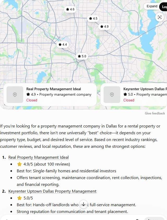ChatGPT answer to "best property management company in Dallas" ranking Real Property Management Ideal, Keyrenter Uptown Dallas and three more firms