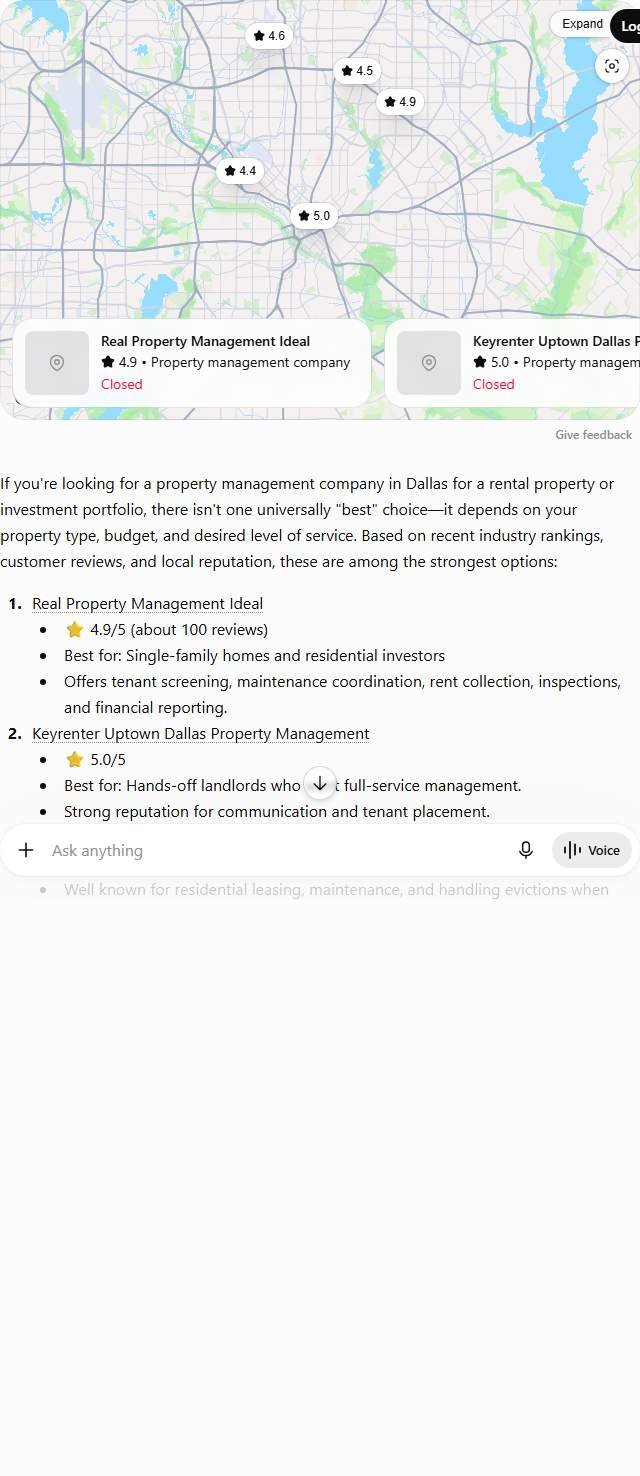 ChatGPT answer to "best property management company in Dallas" ranking Real Property Management Ideal, Keyrenter Uptown Dallas and three more firms