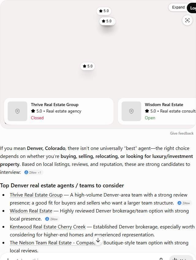 ChatGPT answer to "best real estate agent in Denver" naming six Denver agencies including Thrive Real Estate Group and Kentwood Real Estate Cherry Creek with star ratings
