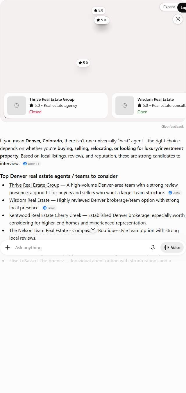 ChatGPT answer to "best real estate agent in Denver" naming six Denver agencies including Thrive Real Estate Group and Kentwood Real Estate Cherry Creek with star ratings