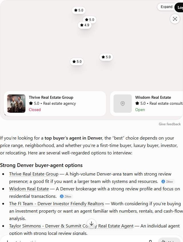 ChatGPT answer to "best buyers agent in Denver" listing Thrive Real Estate Group, Wisdom Real Estate, The FI Team and other Denver buyer agents