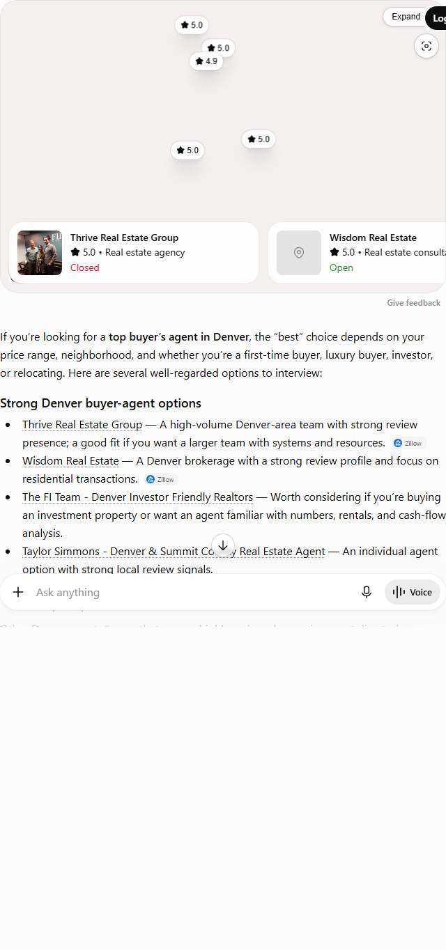 ChatGPT answer to "best buyers agent in Denver" listing Thrive Real Estate Group, Wisdom Real Estate, The FI Team and other Denver buyer agents