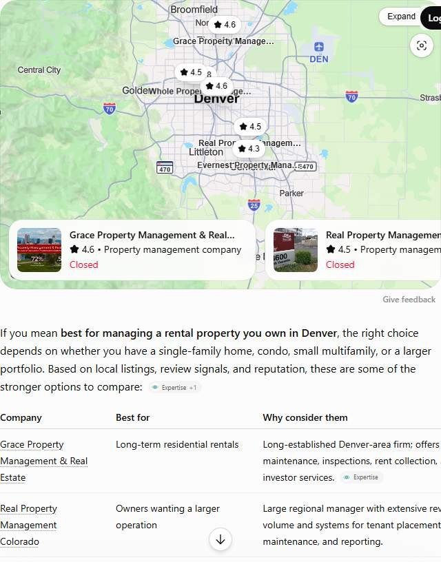 ChatGPT answer to "best property management company in Denver" comparing seven Denver property managers including Grace and Pioneer in a table