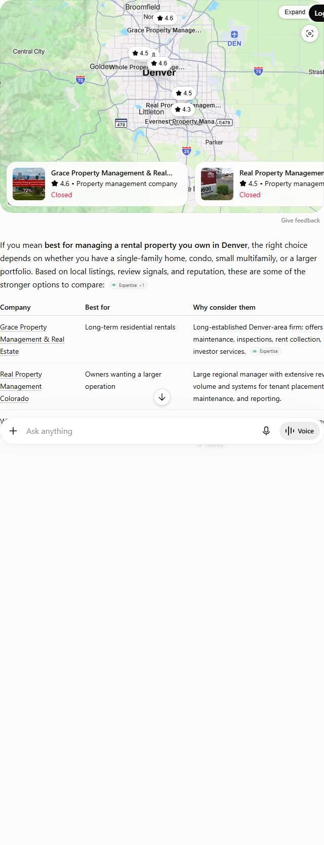 ChatGPT answer to "best property management company in Denver" comparing seven Denver property managers including Grace and Pioneer in a table
