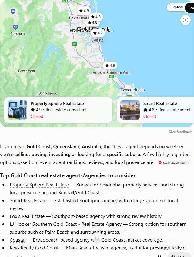 ChatGPT answer to best real estate agent in Gold Coast, naming Property Sphere Real Estate, Smart Real Estate, Fox's Real Estate and three more local agencies