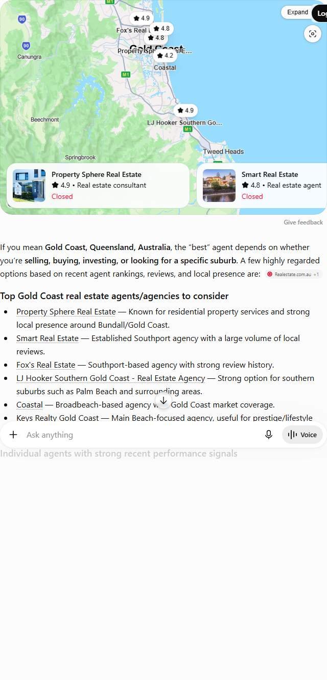 ChatGPT answer to best real estate agent in Gold Coast, naming Property Sphere Real Estate, Smart Real Estate, Fox's Real Estate and three more local agencies