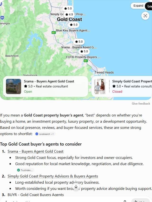 ChatGPT answer to best buyers agent in Gold Coast, naming six 4.9 to 5.0 rated buyers agencies including Srama and BUYR