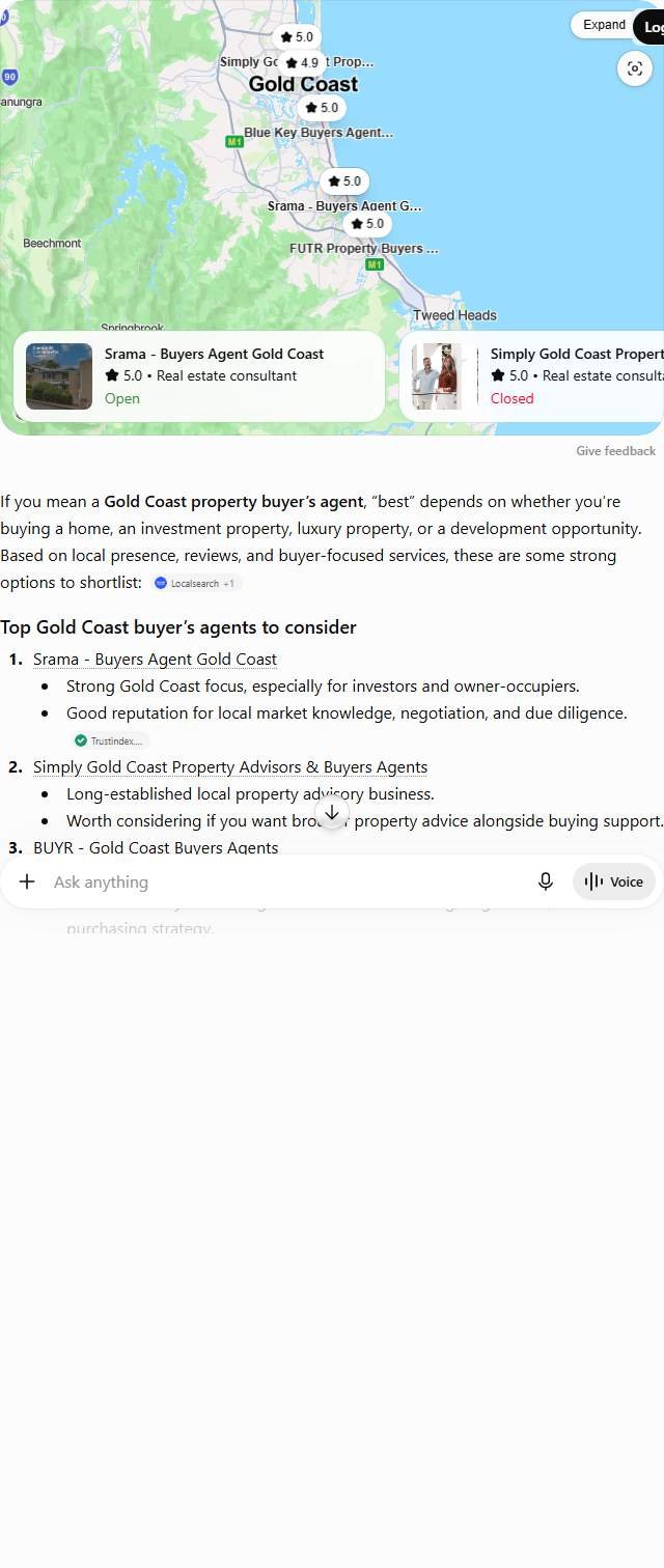 ChatGPT answer to best buyers agent in Gold Coast, naming six 4.9 to 5.0 rated buyers agencies including Srama and BUYR