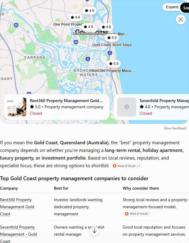 ChatGPT answer to best property management company in Gold Coast, naming Rent360, Castle Property Agents and five more property managers