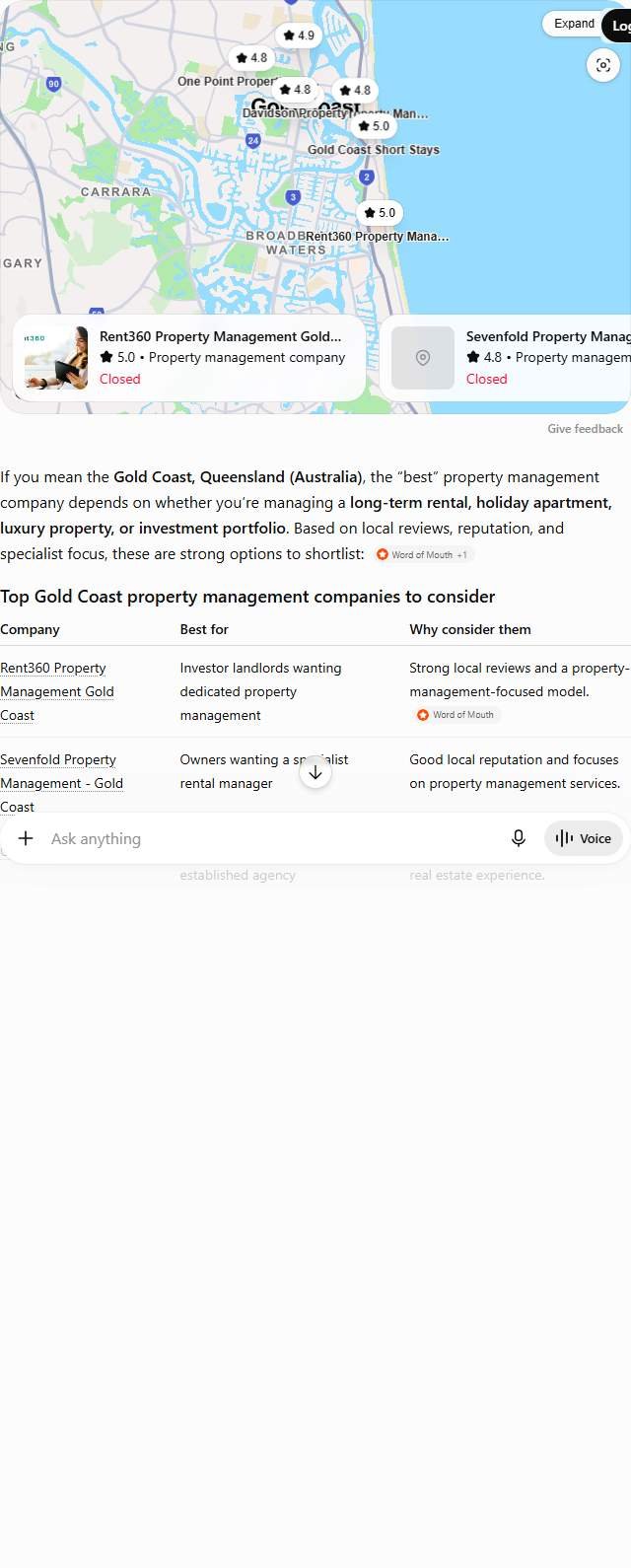 ChatGPT answer to best property management company in Gold Coast, naming Rent360, Castle Property Agents and five more property managers