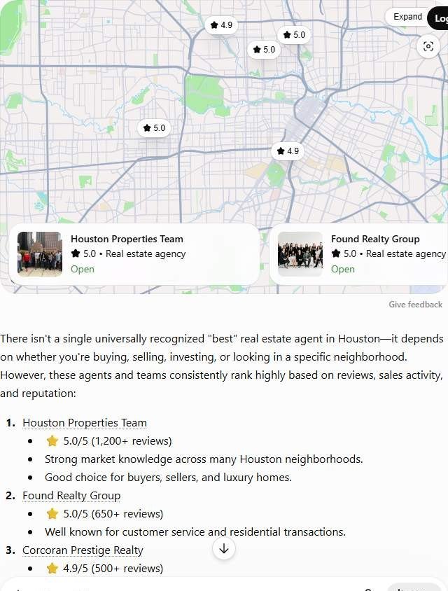 ChatGPT answer to "best real estate agent in Houston" naming Houston Properties Team, Found Realty Group and three more agencies with star ratings