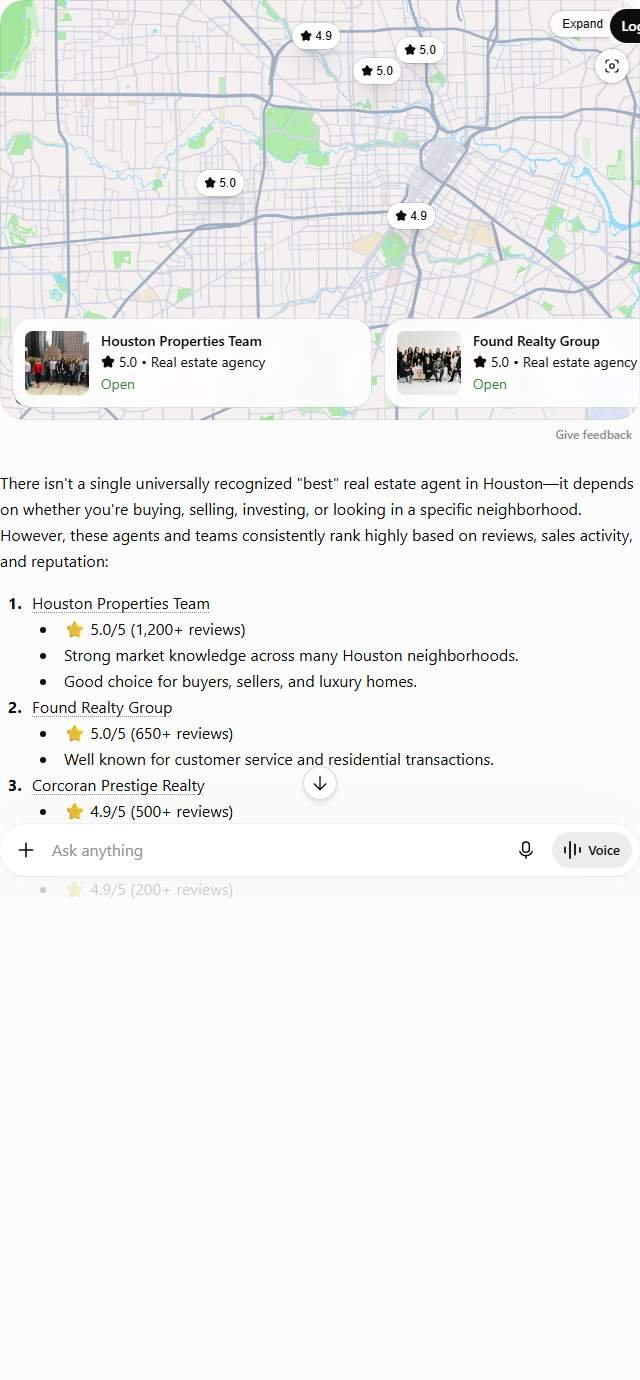 ChatGPT answer to "best real estate agent in Houston" naming Houston Properties Team, Found Realty Group and three more agencies with star ratings