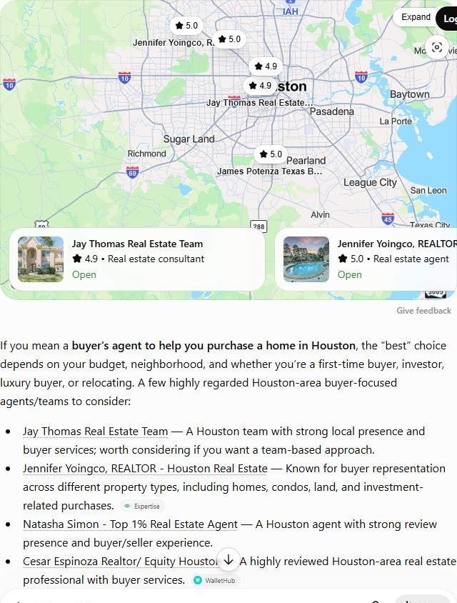 ChatGPT answer to "best buyers agent in Houston" listing Jay Thomas Real Estate Team, Jennifer Yoingco and other Houston buyer agents