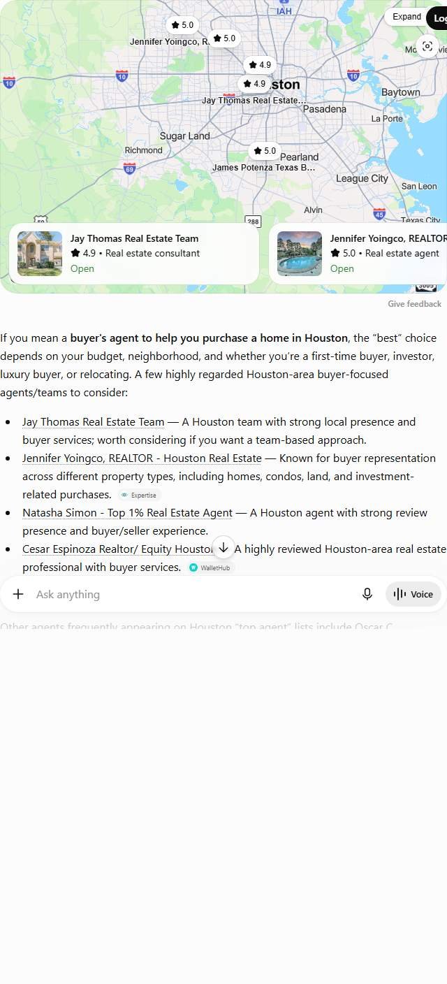 ChatGPT answer to "best buyers agent in Houston" listing Jay Thomas Real Estate Team, Jennifer Yoingco and other Houston buyer agents