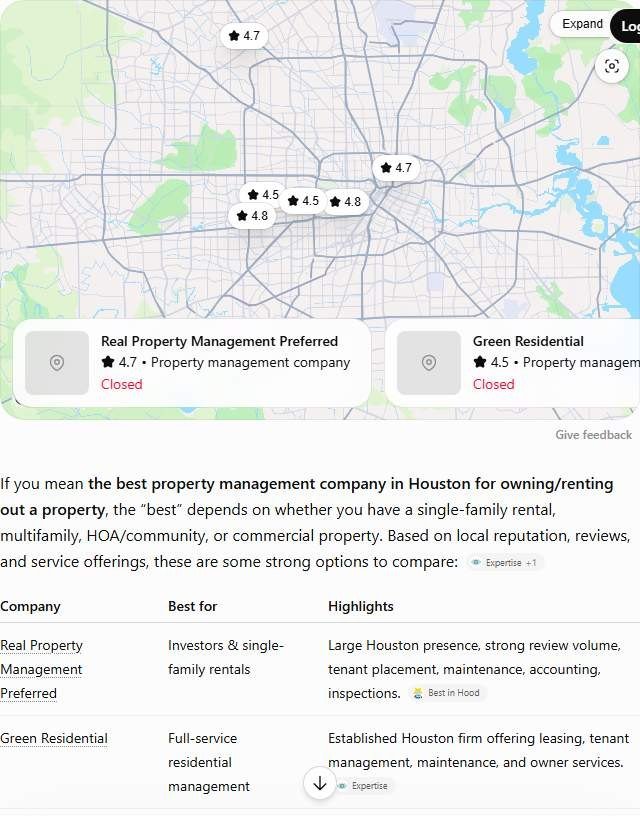 ChatGPT answer to "best property management company in Houston" comparing six local Houston property managers in a table