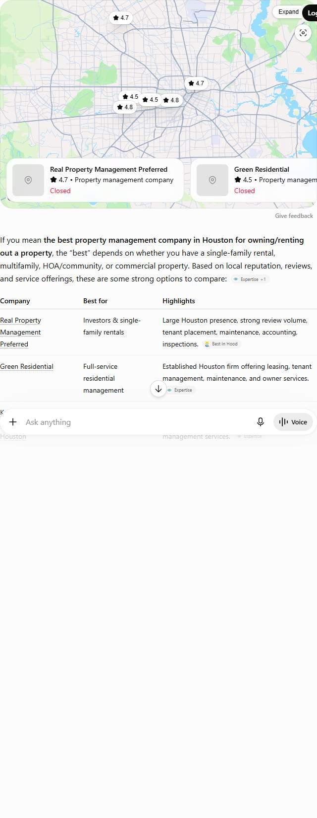 ChatGPT answer to "best property management company in Houston" comparing six local Houston property managers in a table