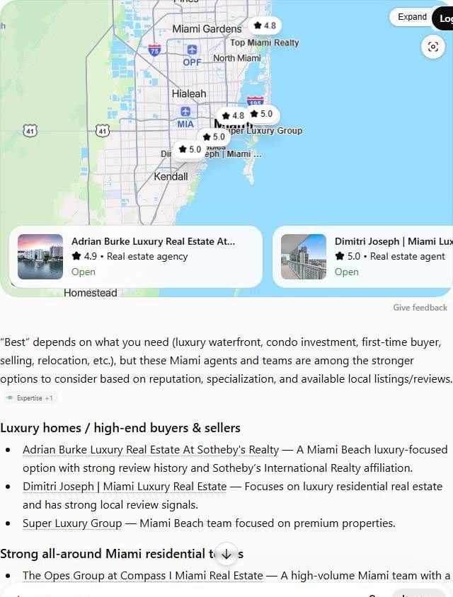 ChatGPT answer to "best real estate agent in Miami" naming eight Miami agencies including Adrian Burke Sotheby’s and the Ivan and Mike Team with star ratings