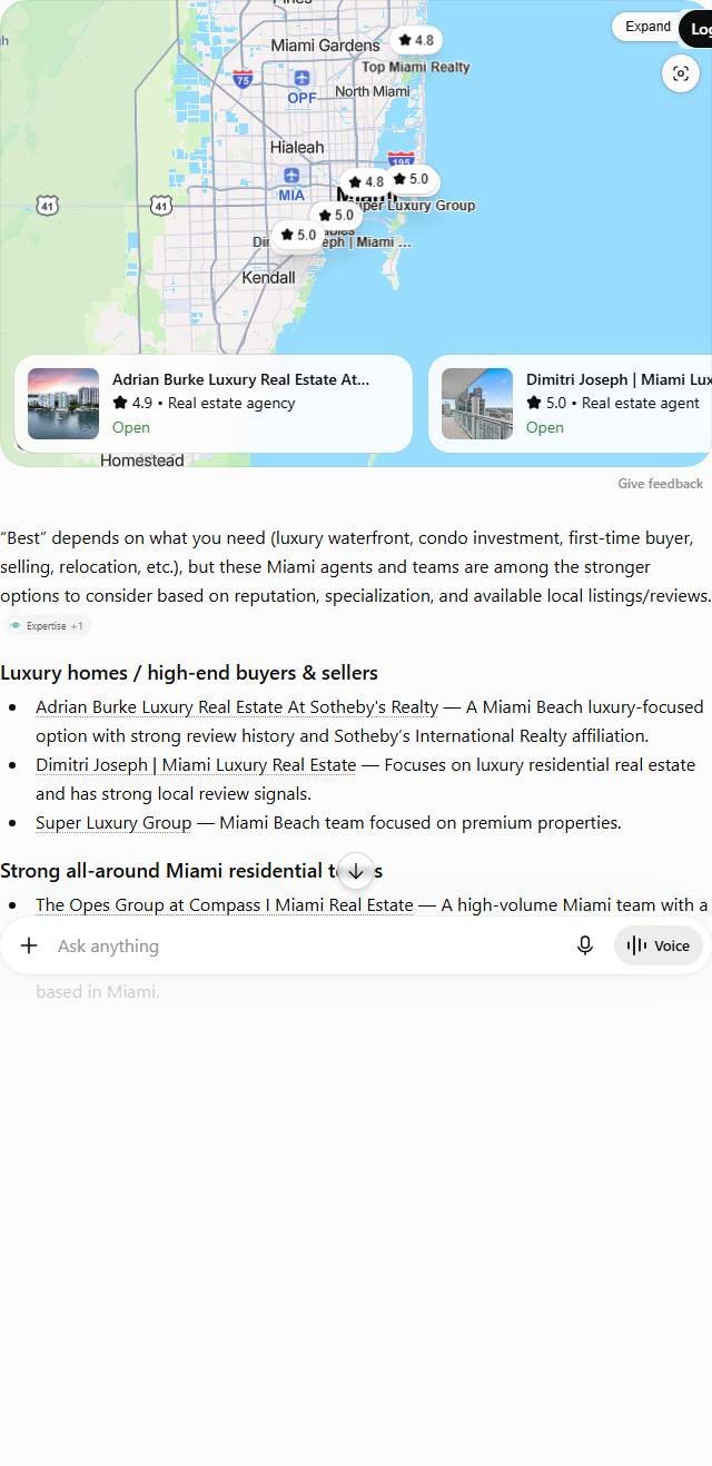 ChatGPT answer to "best real estate agent in Miami" naming eight Miami agencies including Adrian Burke Sotheby’s and the Ivan and Mike Team with star ratings